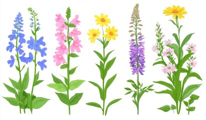 Detailed border featuring multi-colored flowers on a green meadow, illustrated with watercolor