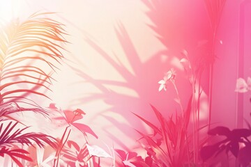 Poster - Abstract pink studio background for showcasing products. An empty room features shadows cast by windows, flowers, and palm leaves. A 3D room designed for copy space. Scene set for a summer concert.