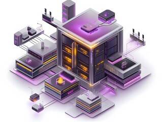 Poster - Futuristic data center illustration featuring modern servers, connected grids, and vibrant colors