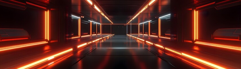 Poster - Futuristic corridor illuminated with vibrant neon lights, showcasing sleek lines and a polished floor. Ideal for themes of innovation, science fiction, and modern design.