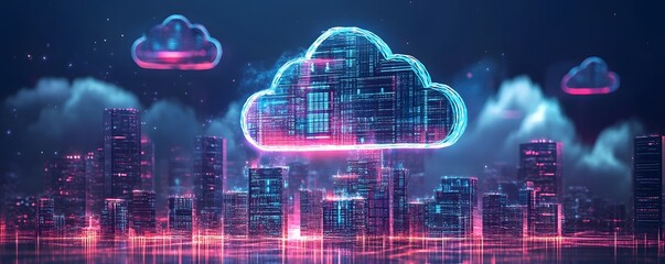 Poster - Futuristic city skyline with digital cloud computing visuals