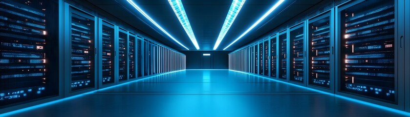 Poster - Futuristic data center with rows of servers illuminated by vibrant blue lights.