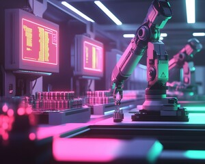 Poster - Futuristic robotic arms in a high-tech factory setting with vibrant neon lighting.