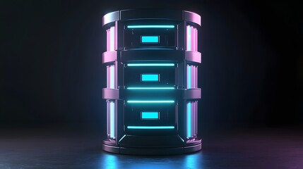 Poster - Futuristic server tower illuminated with vibrant blue and pink lights