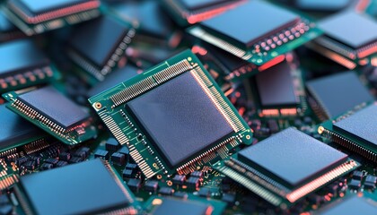 Poster - High-tech microchips stacked together, showcasing modern electronic components.