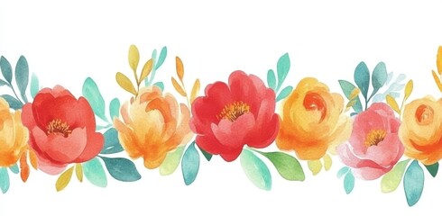 Border of intricate multicolored flowers, watercolor illustration for design