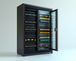 Poster - Modern server rack showcasing multiple high-tech components and organized storage.