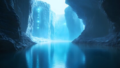 A breathtaking cave scene with illuminated blue waters reflecting off the walls. The tranquil atmosphere invites exploration and evokes a sense of wonder and serenity.