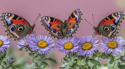 Poster - Field of vibrant cosmos flowers and butterflies amid a meadow in nature, bathed in sunlight during summer's beginning, captured in a macro close-up