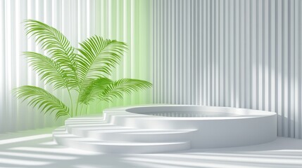 Poster - Blurred shadow of palm leaves on a light cream wall, creating a minimalistic and beautiful summer spring backdrop for product display
