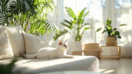 Poster - Kitten joyfully playing in a bright, sunlit living room filled with green plants. Generative AI