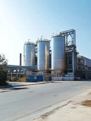 Poster - Large oil storage tanks located in an industrial area under a clear blue sky during daylight hours. Generative AI