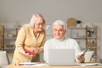 Wall Mural - Senior couple with laptop calculating utility bills on table at home