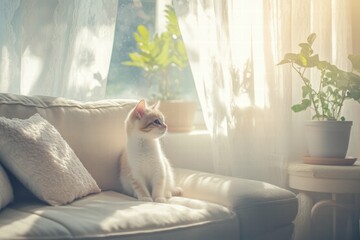 Poster - Kitten explores sunny living room and discovers playful moments on a soft couch. Generative AI