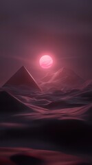Wall Mural - a pink sun is in the sky above a mountain range