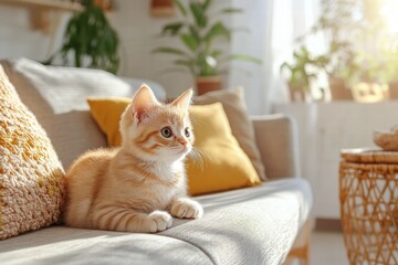 Poster - Playful kitten exploring a sunny living room with warm colors and cozy atmosphere. Generative AI