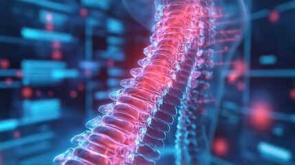 Poster - A professional medical environment where a doctor is assessing spinal health using a digital monitor, highlighting advancements in diagnostic technology and healthcare.