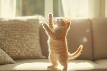 Poster - Kitten enjoys playful moment in a sunlit living room with cozy furnishings. Generative AI