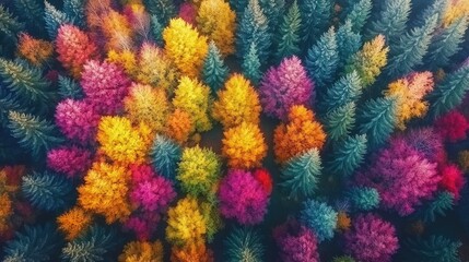 Aerial view of colorful autumn forest, vibrant foliage, nature background, design