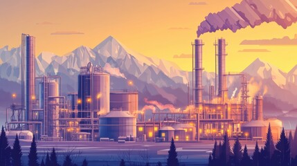 Poster - Oil extraction setup with industrial facilities against a picturesque mountainous background during sunset. Generative AI