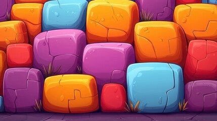 Poster - Colorful cartoon wall with vibrant blue, orange, purple, and red stones.