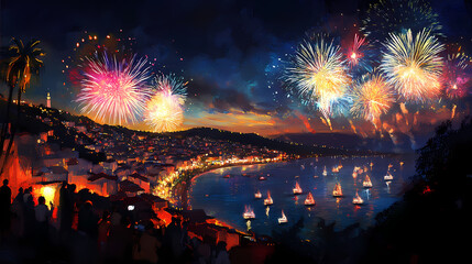 Wall Mural - Spectacular panoramic view of funchal madeira island's largest fireworks show on new year's eve, capturing the vibrant celebration illuminating the night sky. Vibrant Festival Crowd. Illustration