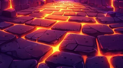 Poster - A vibrant cartoon depiction of a stone pathway with glowing lava cracks, set in a mystical environment.