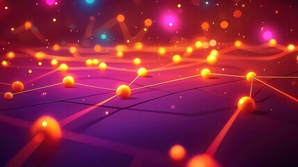Poster - Abstract digital art with glowing orbs and lines on a vibrant purple background.