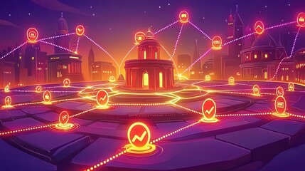 Poster - A vibrant, futuristic cityscape network showcasing digital connections with glowing icons at sunset.