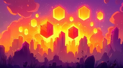 Poster - A vibrant landscape with glowing hexagonal shapes against a sunset backdrop in a colorful, animated style.