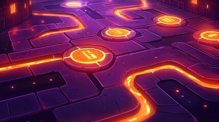 Poster - A vibrant digital maze featuring glowing pathways and circular nodes, set in a dark background.