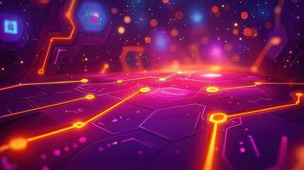 Poster - A vibrant abstract background with glowing geometric patterns and colors, evoking a sense of technology and digital connectivity.