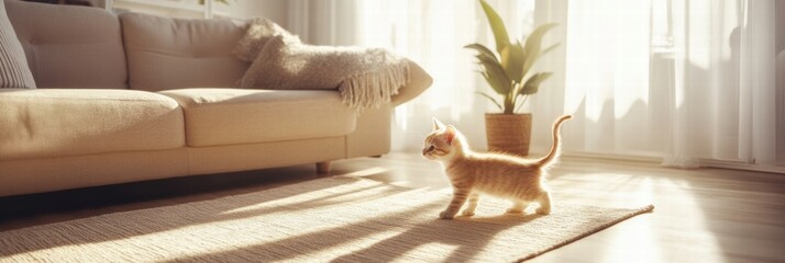 Poster - Cute kitten plays in a bright living room surrounded by sunlight and greenery in the afternoon. Generative AI