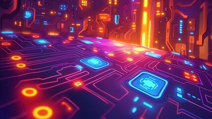 Poster - Futuristic digital landscape with glowing circuits and neon lights, showcasing a vibrant technology-themed environment.