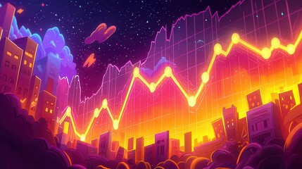 Poster - A vibrant cityscape depicting financial growth with colorful charts against a starry sky.