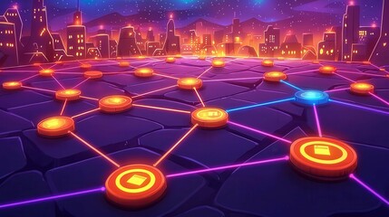 Poster - Vibrant city skyline with digital connections represented by glowing nodes.