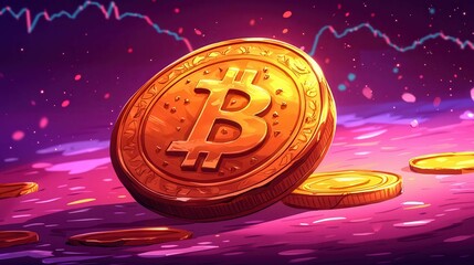 Poster - A vibrant illustration of a golden Bitcoin on a colorful background, representing cryptocurrency.