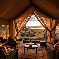 Poster - A luxurious tented safari camp at sunrise, featuring elegant furniture, a glowing lantern, and a view of grazing animals on the horizon