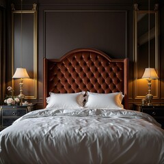 Poster - A dramatic shot of a luxury bedroom with a velvet headboard, crisp white linens, and golden accents under warm, soft lighting