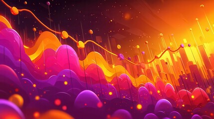 Poster - A vibrant abstract landscape with colorful waves and dots, showcasing a vibrant sunset atmosphere.