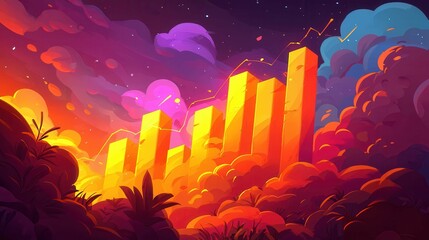 Poster - Colorful abstract landscape with tall pillars emerging from vibrant clouds at sunset.