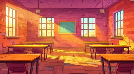 Poster - A colorful classroom interior with sunlight streaming through windows and vibrant walls.