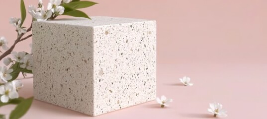 Poster - Cosmetic display stand on a white stone podium, surrounded by blossom flowers on a pink background in a 3D rendering