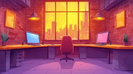 Poster - A cozy office interior with large windows showcasing a vibrant city skyline in the background at sunset.