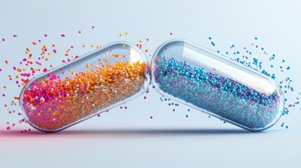 Fototapete - Colorful particles spill from a split capsule creating a vibrant display of colors. Generative AI