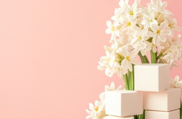 Poster - A design featuring white podiums of different sizes, showcasing cosmetic products or goods, decorated with fresh spring blossoms and featuring a pastel pink backdrop