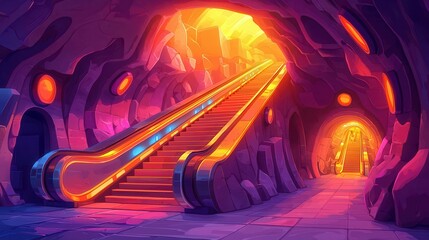 Poster - A vibrant and colorful underground escalator leading through a cavernous space with glowing elements.