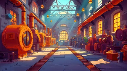 Poster - A vibrant cartoon-style industrial scene featuring colorful machinery with sunlight streaming through large windows.