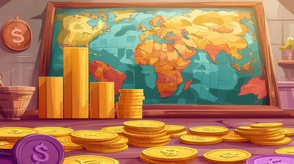 Poster - A vibrant 2D animation depicting a colorful world map with coins and charts, representing finance and global economy.