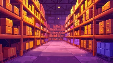 Poster - A vibrant animated warehouse interior filled with colorful stacked boxes and shelves, highlighting a storage area.